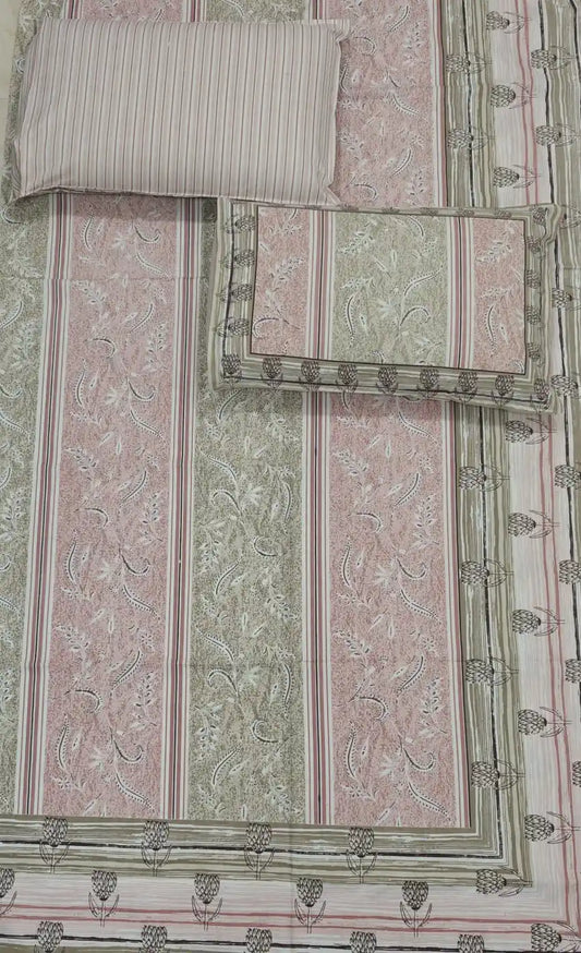 Jaipuri cotton king size bedsheet 8x9 ft with 2 matching pillow covers in traditional design.