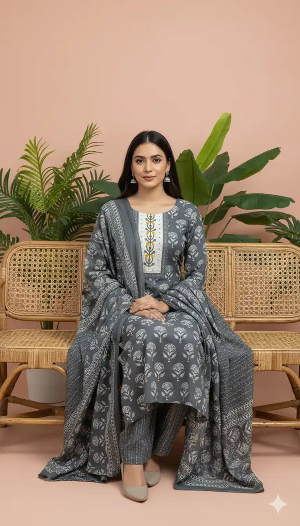Readymade Block Print Cotton Suit With Cotton Dupatta