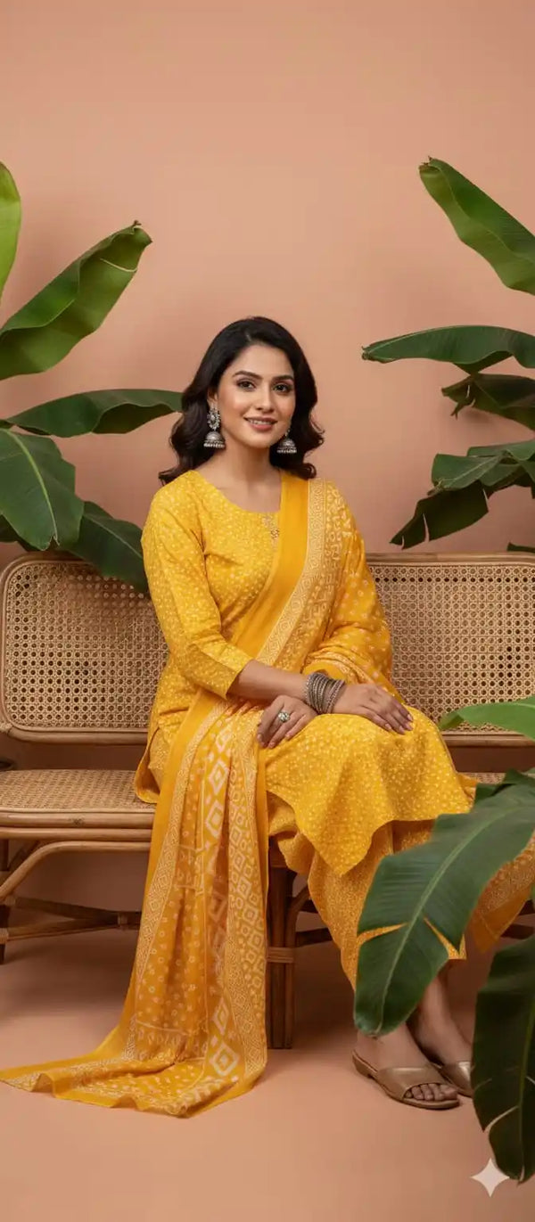 Readymade Block Print Cotton Suit With Cotton Dupatta