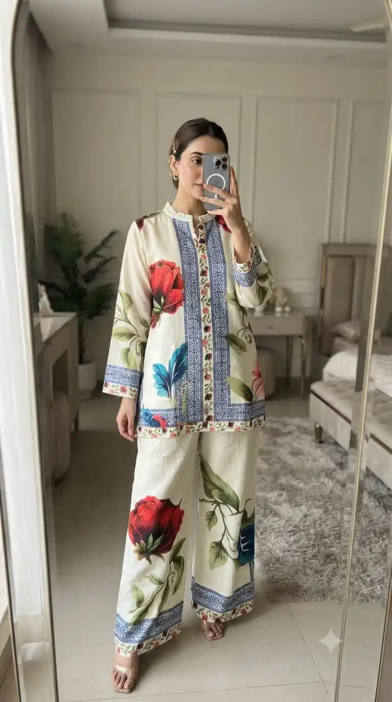 Pakistani Print Crepe Stylish Sleeve Co-Ord Set By ASC