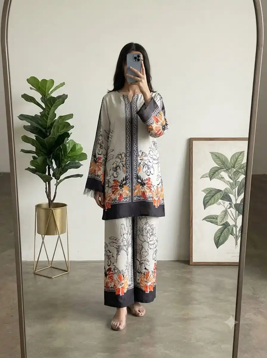 Women's Pakistani Print Crepe Straight Kurta Plazzo Set by ASC