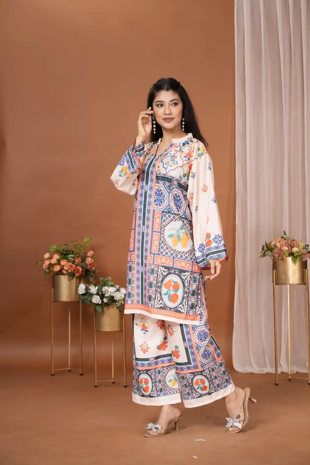 Women's Pakistani Print Crepe Straight Kurta Plazzo Set Side View - ASC Fashion Store