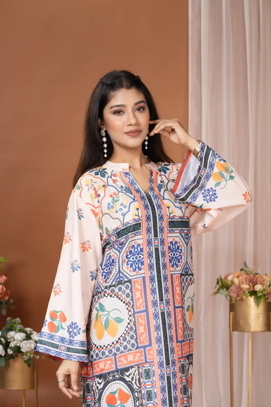 Women's Pakistani Print Crepe Straight Kurta Plazzo Set Front View - ASC Fashion Store