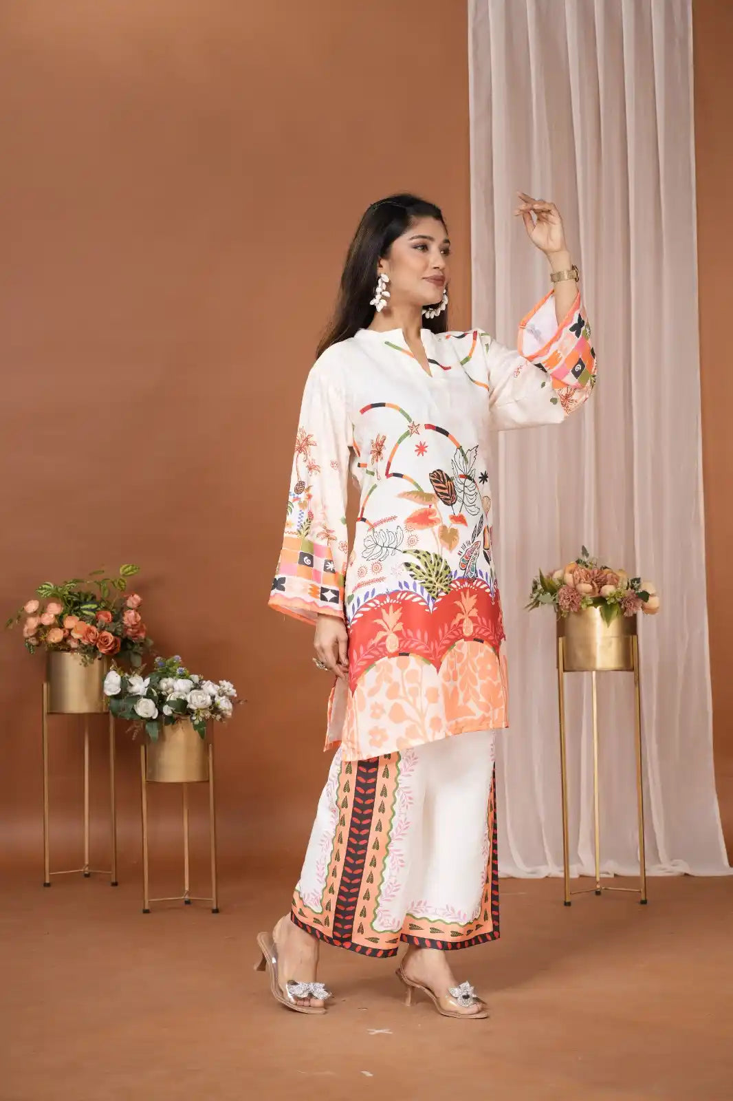 Women's Pakistani Print Crepe Straight Kurta Plazzo Set Side View - ASC Fashion Store