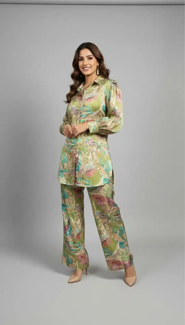 Crepe Modest Pakistani Cord Sets With Baloon Sleeves