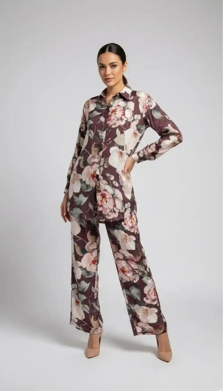 Crepe Modest Pakistani Cord Sets With Baloon Sleeves