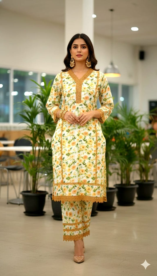 3D DIGITAL PRINTS RAYON FABRIC CORD SET WITH CROCHET LACE CONCEPT