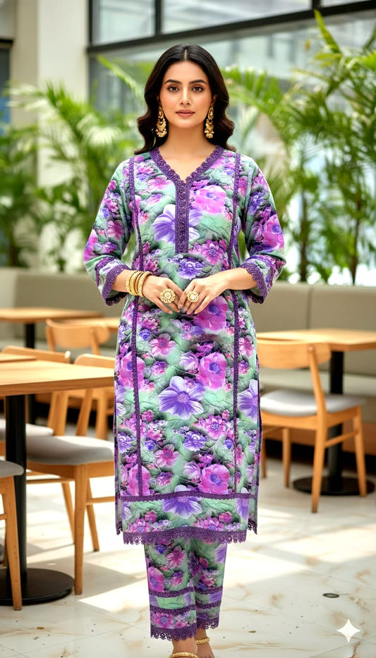 3D DIGITAL PRINTS RAYON FABRIC CORD SET WITH CROCHET LACE CONCEPT