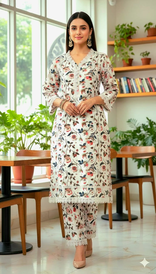 3D DIGITAL PRINTS RAYON FABRIC CORD SET WITH CROCHET LACE CONCEPT