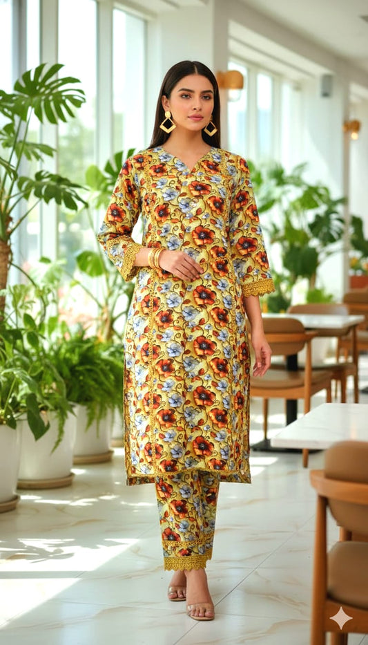 3D DIGITAL PRINTS RAYON FABRIC CORD SET WITH CROCHET LACE CONCEPT