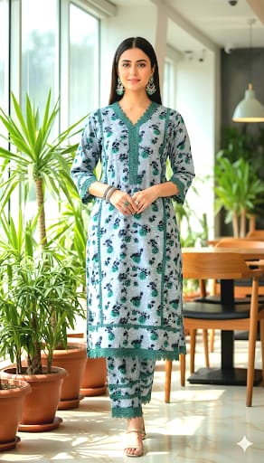 3D DIGITAL PRINTS RAYON FABRIC CORD SET WITH CROCHET LACE CONCEPT