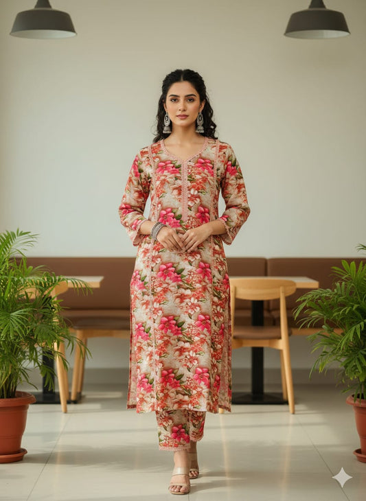 3D DIGITAL PRINTS RAYON FABRIC CORD SET WITH CROCHET LACE CONCEPT