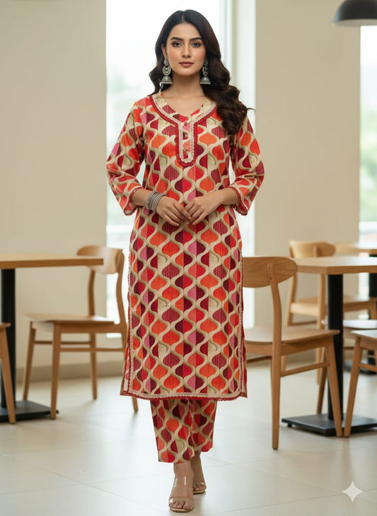 3D DIGITAL PRINTS RAYON FABRIC CORD SET WITH CROCHET LACE CONCEPT