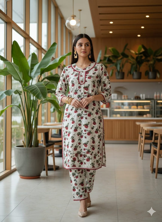 3D DIGITAL PRINTS RAYON FABRIC CORD SET WITH CROCHET LACE CONCEPT