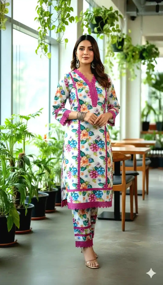 3D DIGITAL PRINTS RAYON FABRIC CORD SET WITH CROCHET LACE CONCEPT