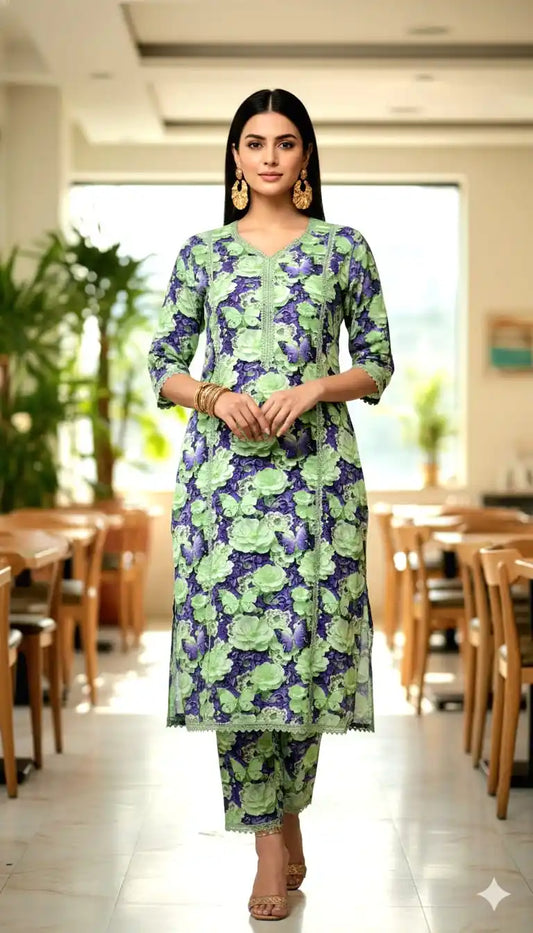 3D DIGITAL PRINTS RAYON FABRIC CORD SET WITH CROCHET LACE CONCEPT