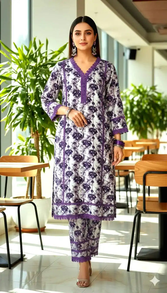 3D DIGITAL PRINTS RAYON FABRIC CORD SET WITH CROCHET LACE CONCEPT