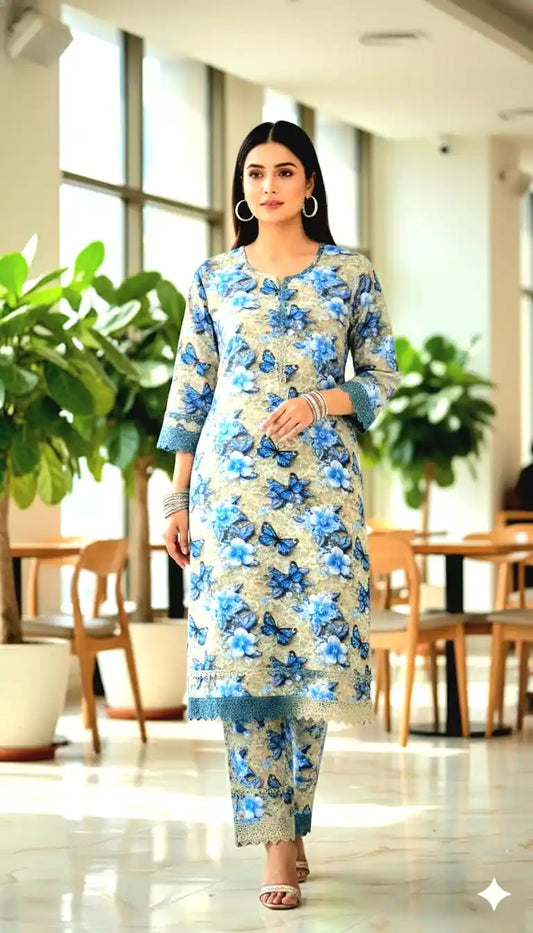 3D DIGITAL PRINTS RAYON FABRIC CORD SET WITH CROCHET LACE CONCEPT