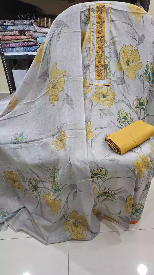 Unstitched Suit with Neck Embroidery & Cotton Dupatta