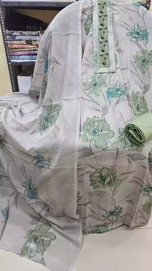 Unstitched Suit with Neck Embroidery & Cotton Dupatta