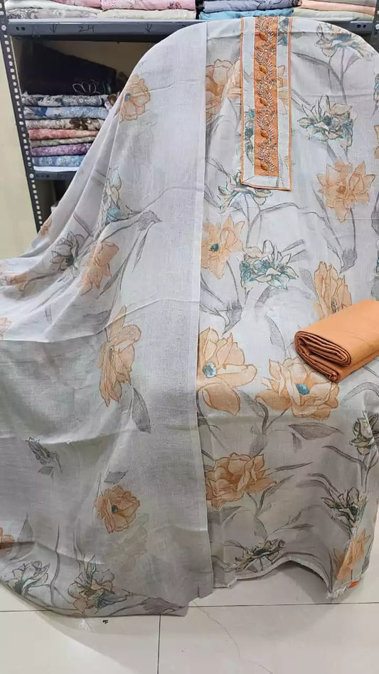 Unstitched Suit with Neck Embroidery & Cotton Dupatta