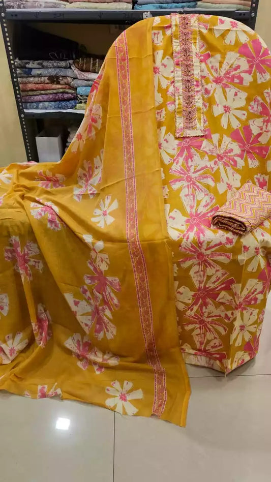 Unstitched Suit with Neck Embroidery & Cotton Dupatta