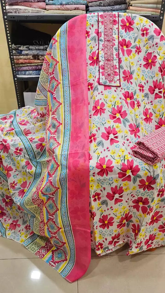 Unstitched Suit with Neck Embroidery & Cotton Dupatta