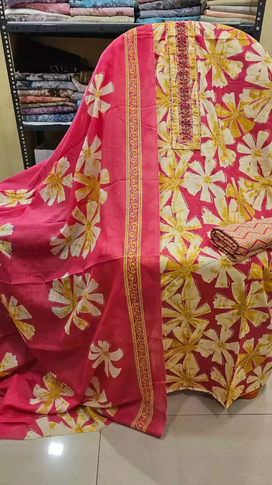 Unstitched Suit with Neck Embroidery & Cotton Dupatta