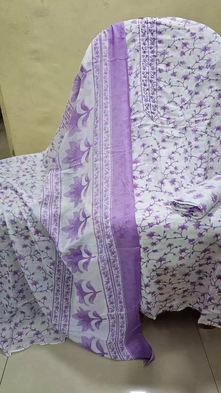 Unstitched Suit with Neck Embroidery & Cotton Dupatta