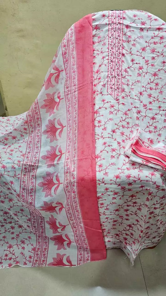 Unstitched Suit with Neck Embroidery & Cotton Dupatta