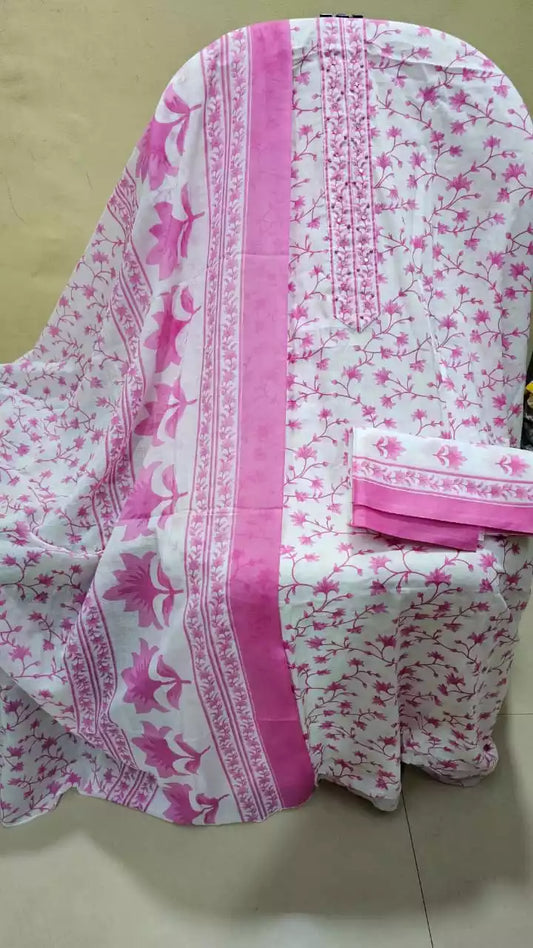 Unstitched Suit with Neck Embroidery & Cotton Dupatta