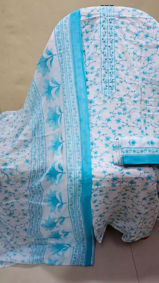 Unstitched Suit with Neck Embroidery & Cotton Dupatta