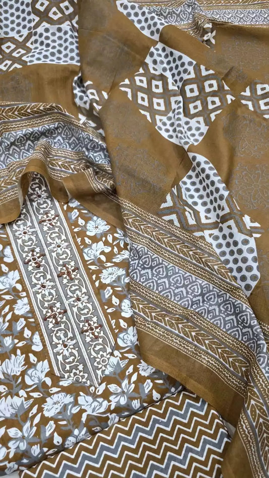 Unstitched Suit with Neck Embroidery & Cotton Dupatta