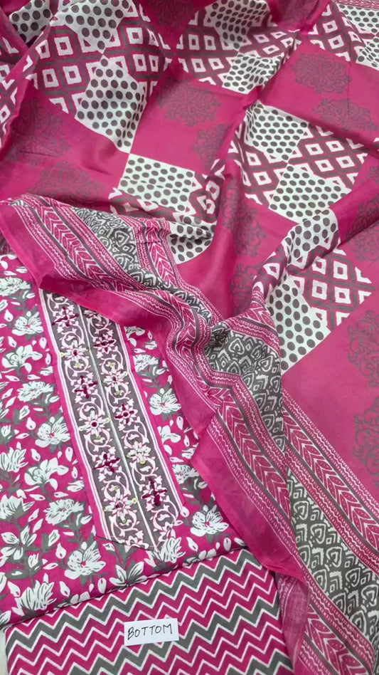 Unstitched Suit with Neck Embroidery & Cotton Dupatta