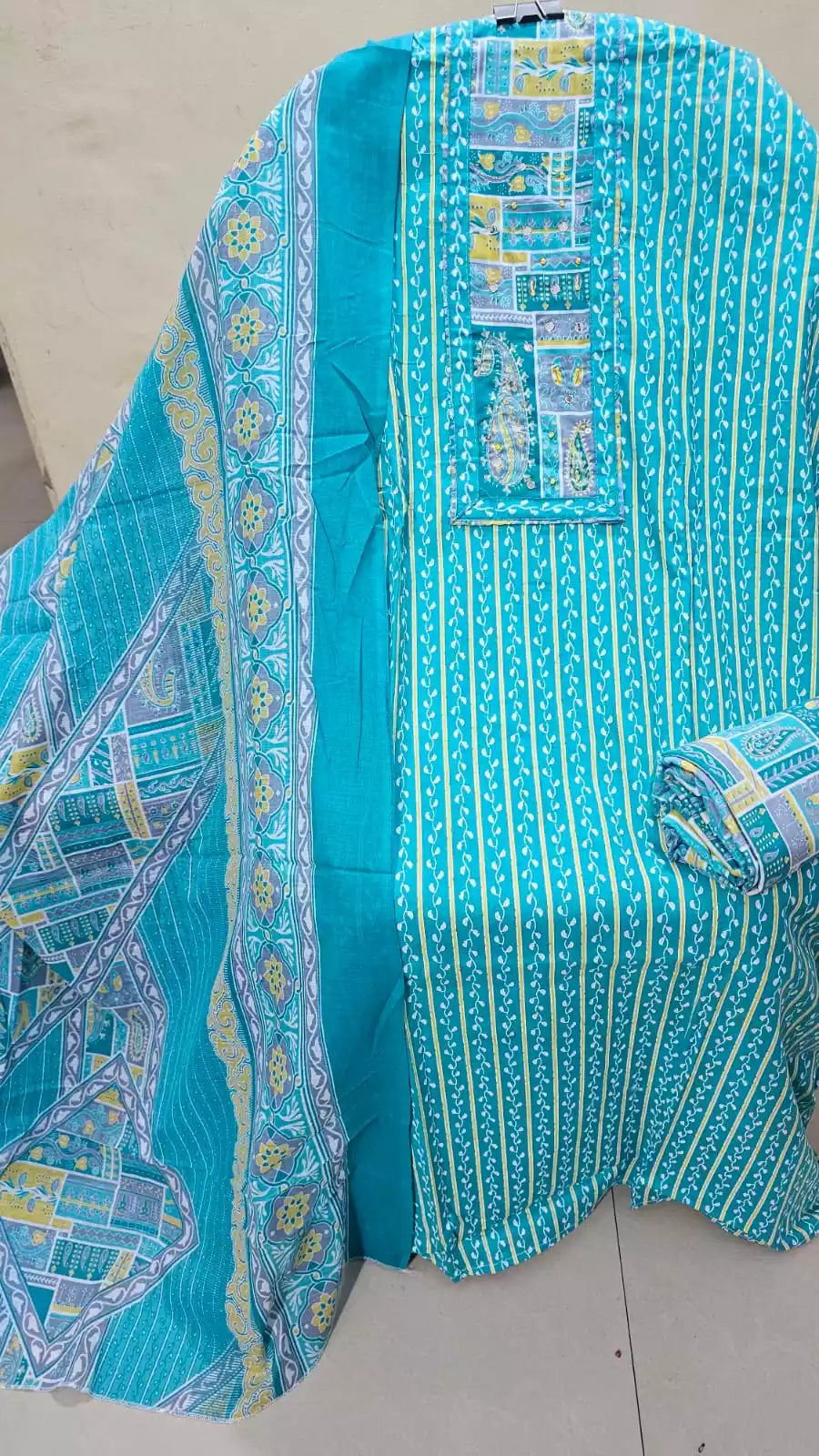 Unstitched Suit with Neck Embroidery & Cotton Dupatta