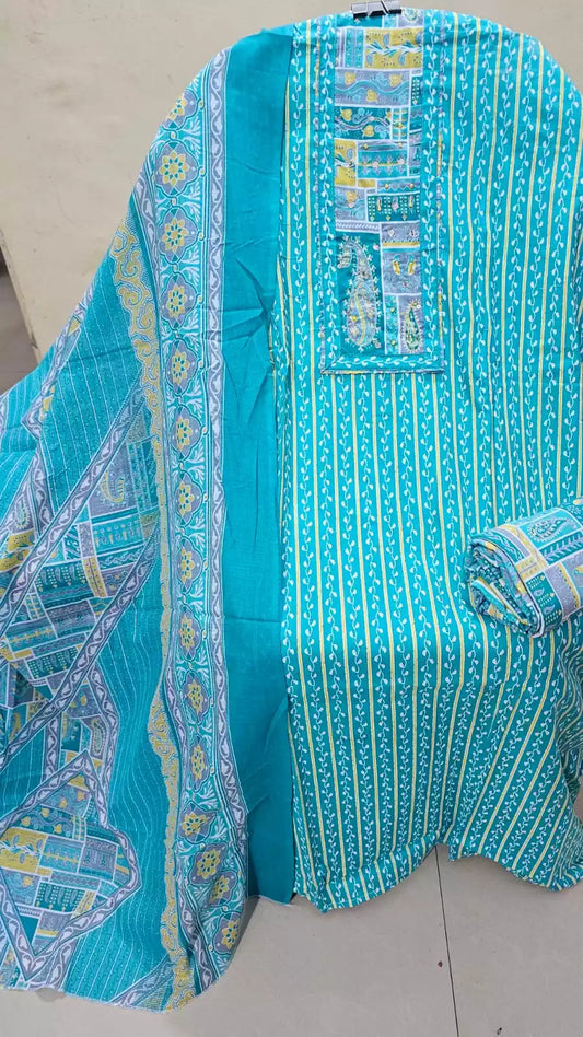 Unstitched Suit with Neck Embroidery & Cotton Dupatta