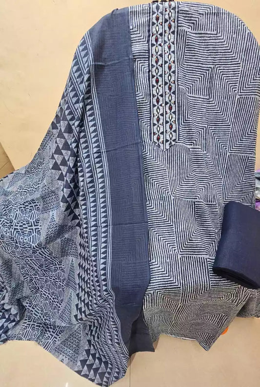 Unstitched Suit with Neck Embroidery & Cotton Dupatta