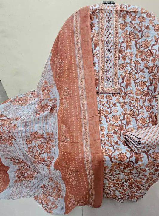 Unstitched Suit with Neck Embroidery & Cotton Dupatta