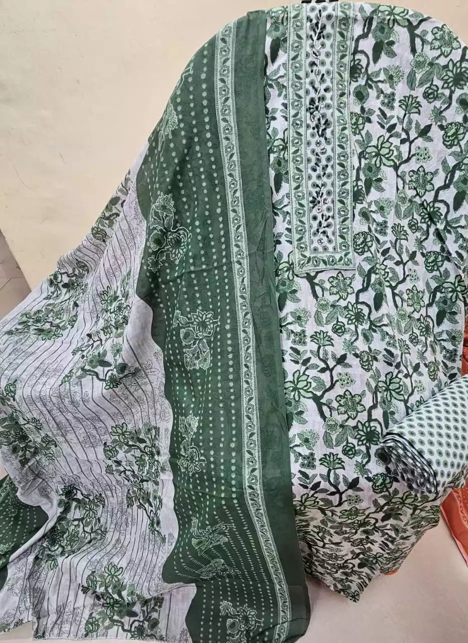 Unstitched Suit with Neck Embroidery & Cotton Dupatta