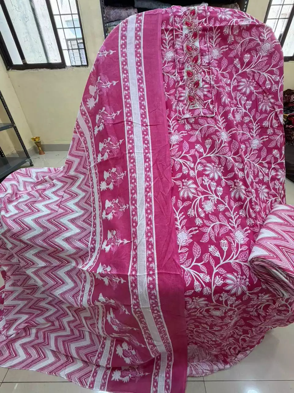 Unstitched Suit with Neck Embroidery & Cotton Dupatta
