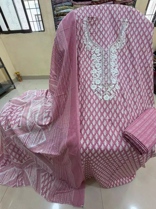 Unstitched Suit with Neck Embroidery & Cotton Dupatta