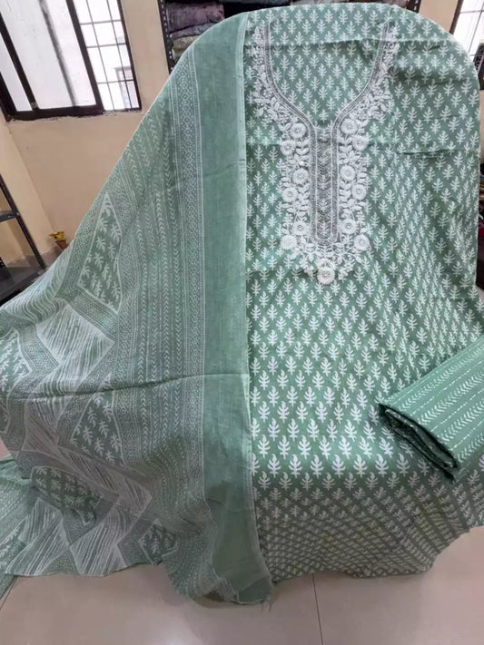Unstitched Suit with Neck Embroidery & Cotton Dupatta