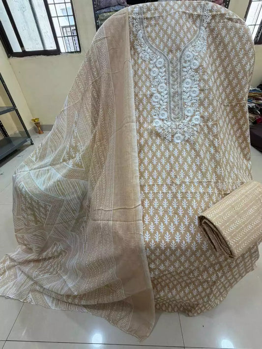 Unstitched Suit with Neck Embroidery & Cotton Dupatta