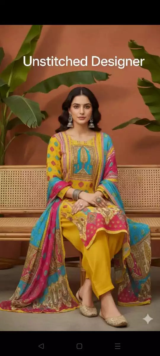 Unstitched Organza  Designer Suit With Organza Dupatta, Rayon Bottom