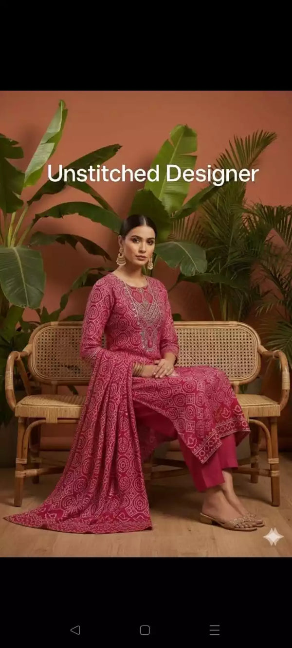Upada Silk Bandhej Print Unstitched Suit With Neck Gota Work, Rayon bottom, Upada silk dupatta