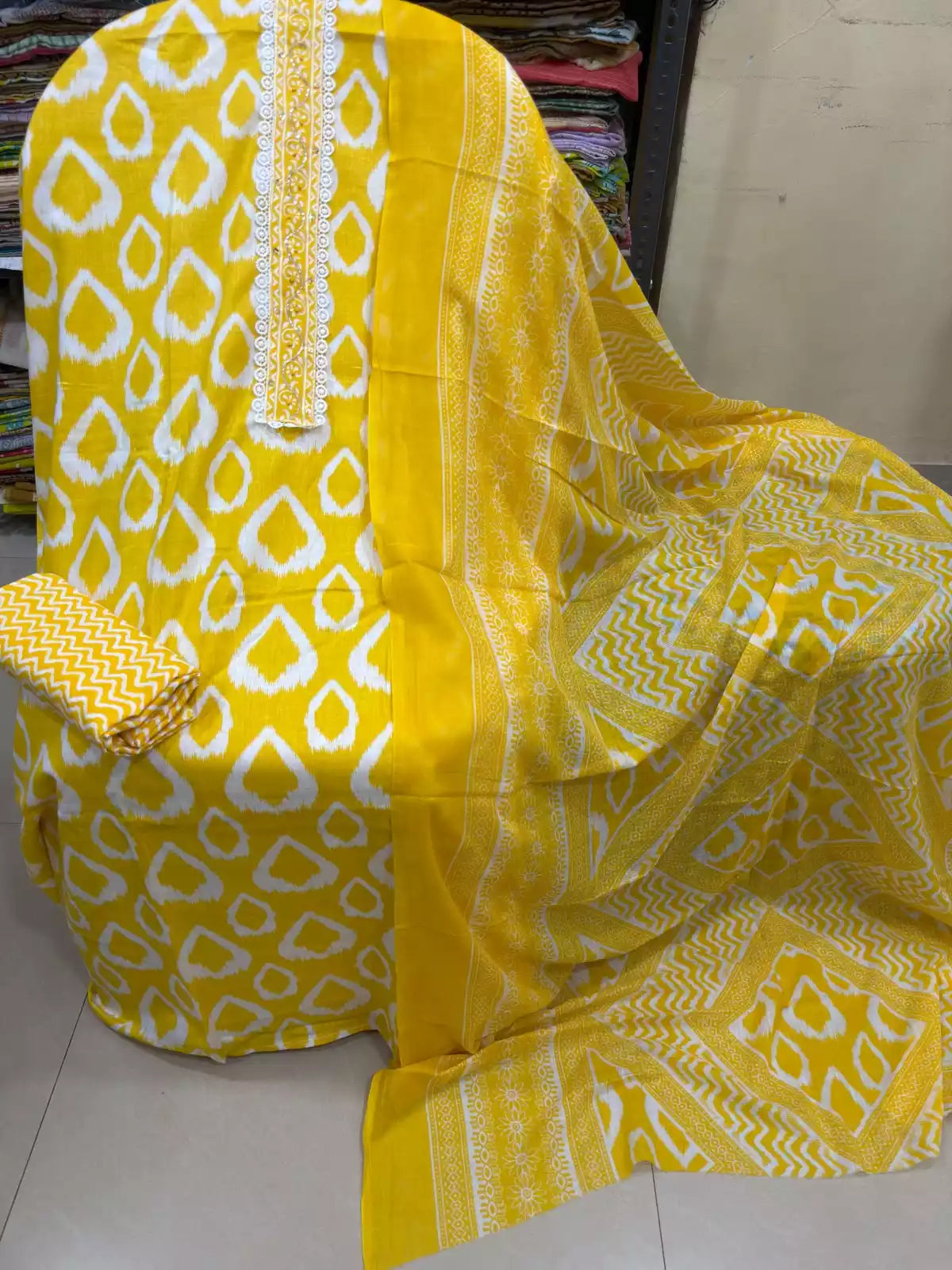 Unstitched Suit with Neck Embroidery & Cotton Dupatta