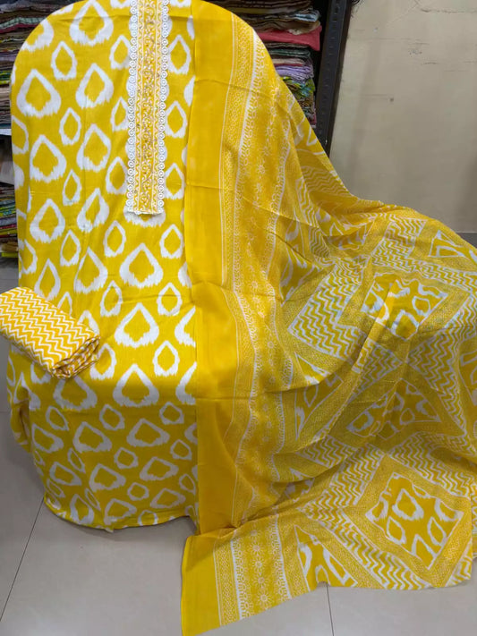 Unstitched Suit with Neck Embroidery & Cotton Dupatta
