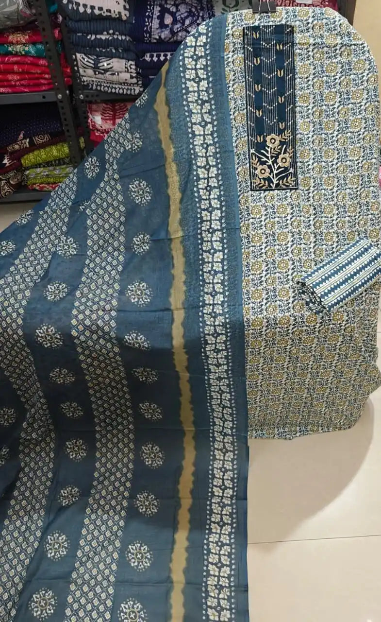 Classic indigo blue and white batik print unstitched suit with border.