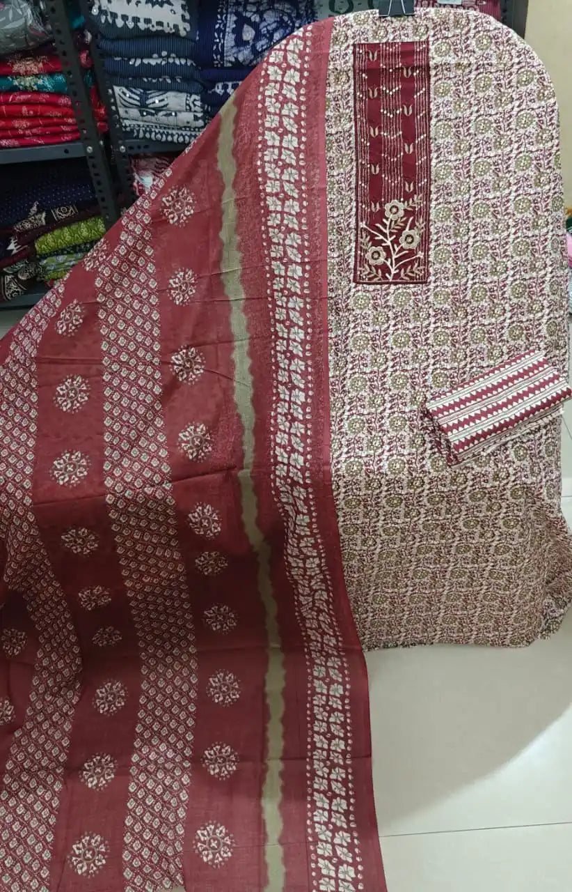 Rich maroon and cream batik print unstitched suit fabric with dupatta.