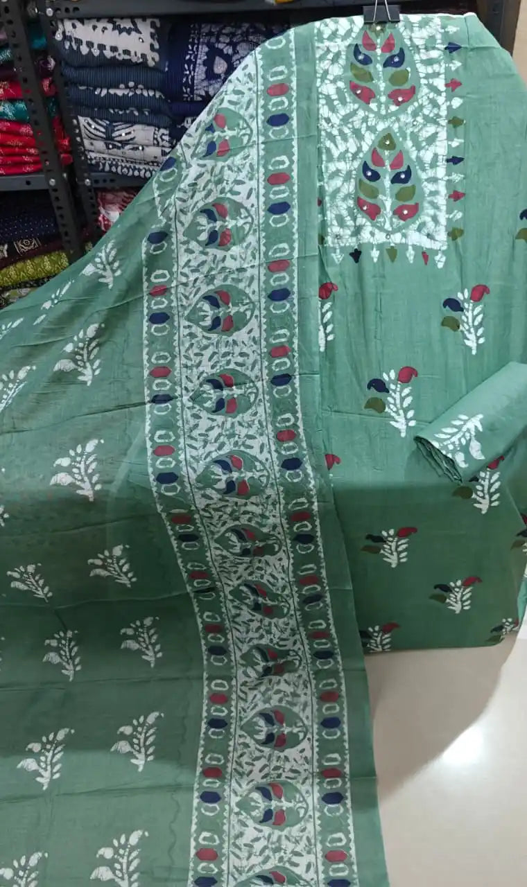 Beautiful sage green unstitched salwar suit with floral leaf batik patterns.